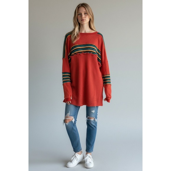 BDG Urban Outfitters Boho Retro Red Rainbow Stripe Waffle Knit LS Tunic Womens M - Picture 10 of 10